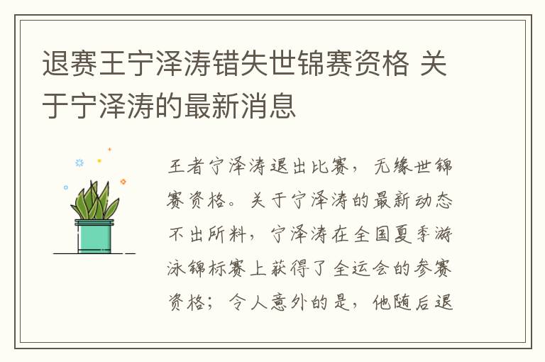 退赛王宁泽涛错失世锦赛资格 关于宁泽涛的最新消息